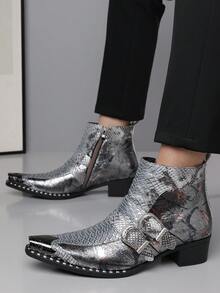 1双男士蛇纹压花银色图案高帮PU皮革鞋面橡胶鞋底套脚休闲切尔西靴，适合休闲活动 - 銀色 - 查看 4