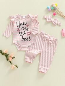 Conjunto de 3 piezas para bebé niña, otoño, mono de manga larga con estampado del alfabeto + pantalón de punto a rayas + diadema ajustable con lazo, mezcla de algodón suave, talla 1-18 meses, perfecto para uso diario y fotos familiares. - Rosa - Ver 6