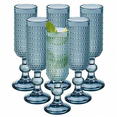 140ml Vintage Champagne Flutes Set Of 6, Hobnail Glass Coupes, 5oz Elegant Toasting Glasses For Wedding & NYE Party(Blue)
