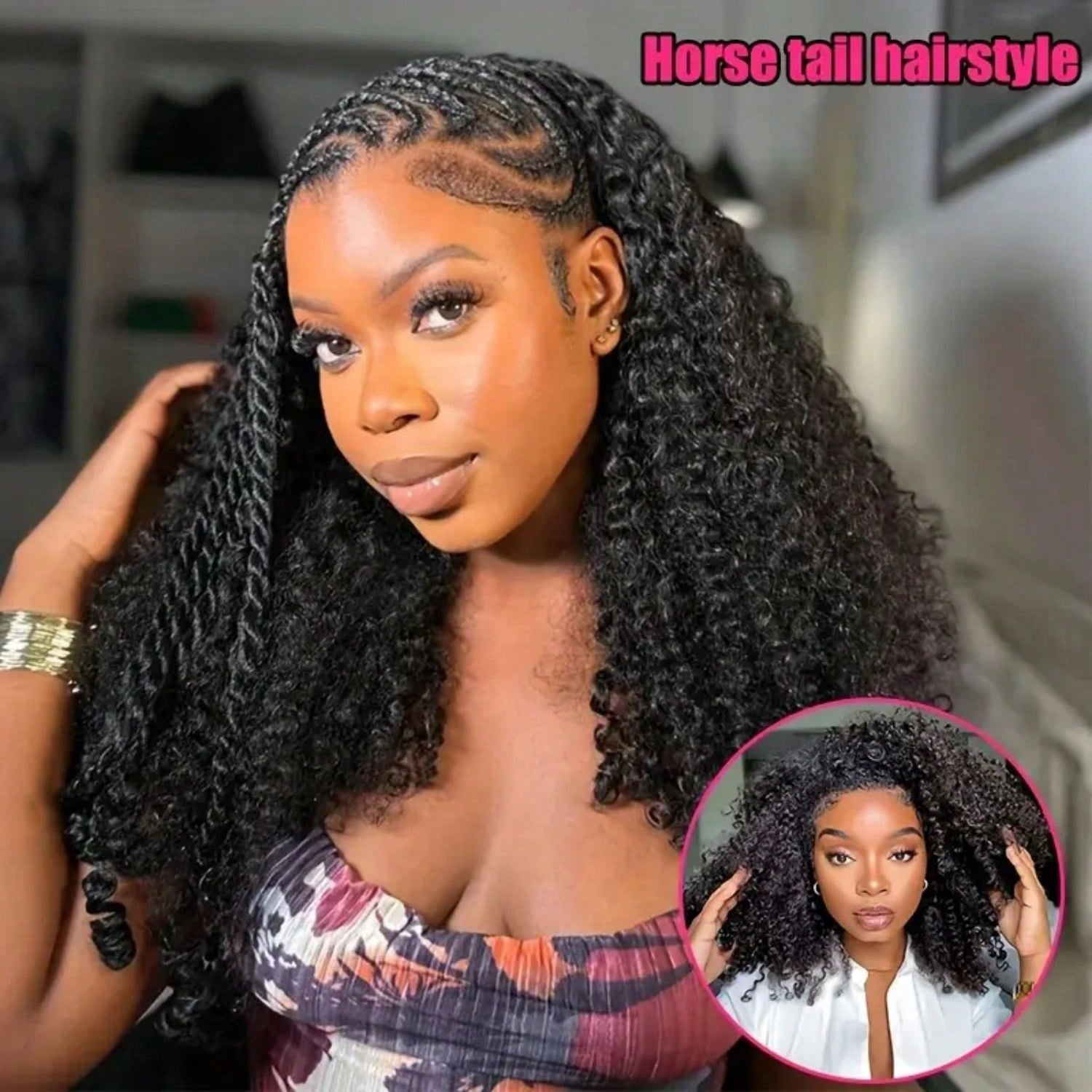 Kinky Curly Half Wig Human Hair Glueless Wig 3 IN 1 Half Wigs With Drawstring Seamless Clip Ins Flip Over Deep Curly Half Wigs 200% Density Christmas & Halloween Cosplay Use Wigs For Girls Party Wigs For Women