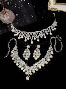 1set Elegant Rhinestone Tiaras Crown For Women Queen Crown Jewelry Set Necklace Earring Princess Wedding Birthday Prom Pageant Party Ceremony Photo Props