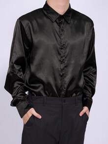 时尚休闲男士长袖领衬衫，适合正式、社交和约会场合，适合夏季、春季和秋季 - 黑色 - 查看 2