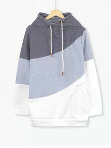 Plus Contrast Patchwork Hoodie - Grey - View 2
