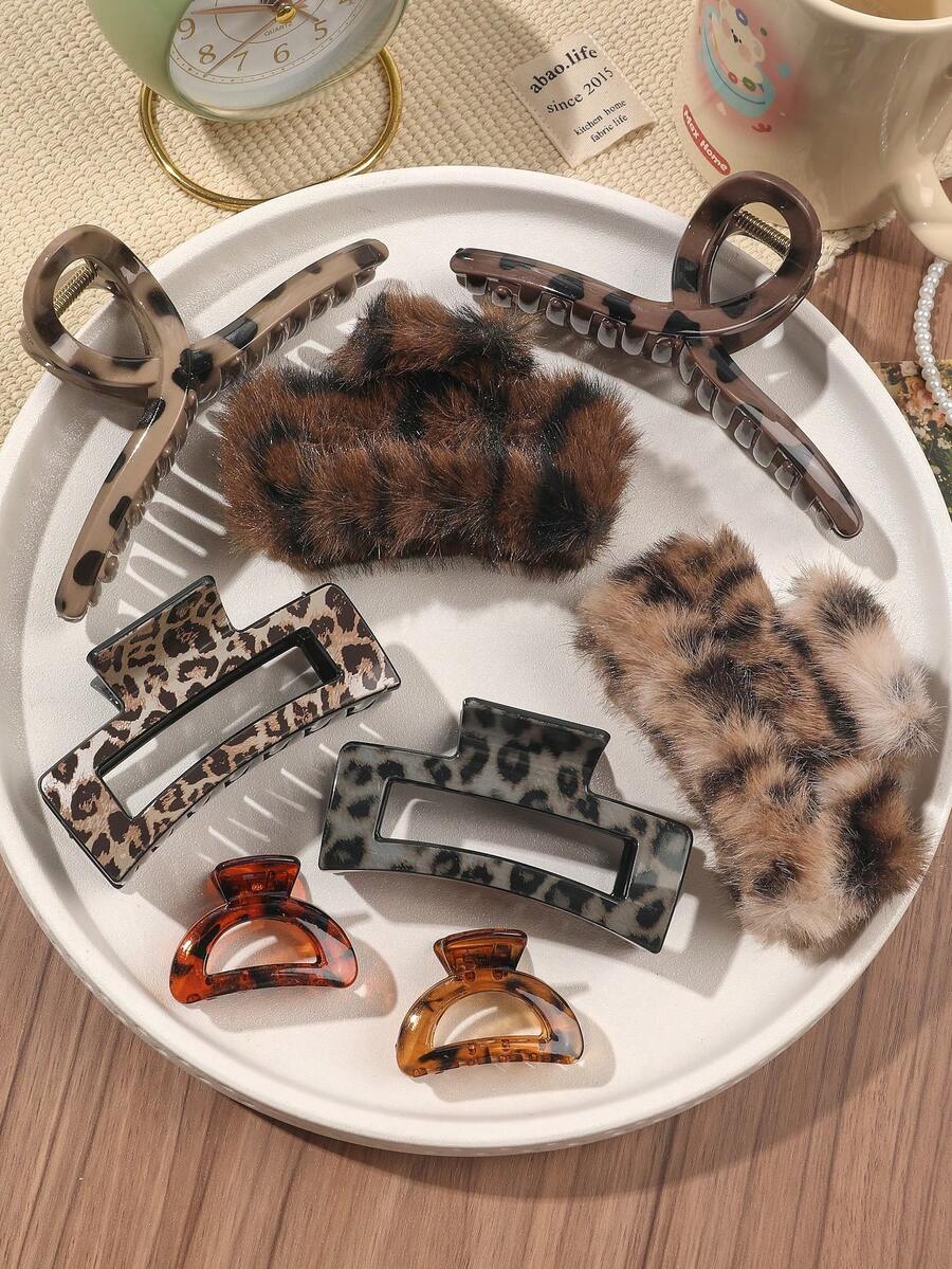 8件豹纹琥珀色优雅简约方形发夹，大号一体式十字架，小号半圆组合发饰，秋冬时尚发夹优雅爪夹冬季发夹