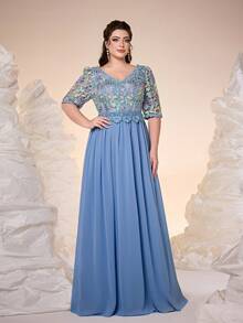 Plus Anpoket，新款V领撞色刺绣中袖雪纺晚礼服，适合舞会、婚礼、派对、婚礼宾客、晚宴、情人节等场合。 - 藍色 - 查看 4