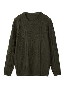 FOR BEAUTY 秋冬新款圆领扭结印花长袖针织衫，女士宽松苔藓绿简约通勤风套头衫，休闲舒适保暖上衣，新年 - 墨綠色 - 查看 5