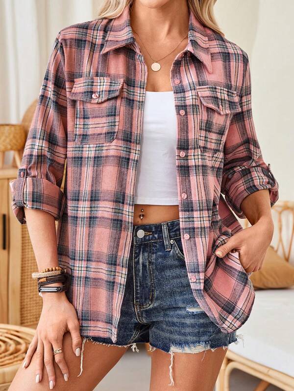 Women's Spring Brushed Plaid Pocket Cuff Polyester Casual Outing Weekend College Style Commute Vacation Lapel Shirt