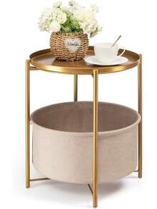 Mesa Auxiliar Moderna con Bandeja Dorada, Estructura Metálica, Almacenamiento Inferior Beige - 1 - Ver 10