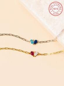 A 925 Sterling Silver Birthstone Bracelet, Featuring Customisable Birthstone Jewellery With A Paperclip Chain, Perfect For Birthdays, Anniversaries And Festive Celebrations-An Ideal Gift For Mother's Day. A Double-Gemstone Heart-Shaped Birthstone Ring. A Simple Yet Personalised Gift, Ideal For Cherished Friends, Confidants And Mothers. - Multicolor - View 5