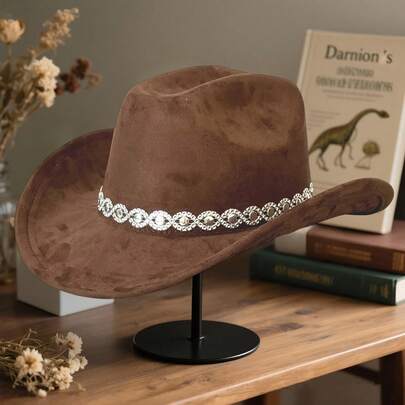 Rhinestone Chain Design Western Cowgirl Hat, Stylish And Elegant Wide-Brimmed Hat, Unisex, Suitable For Daily Life, Weddings, And Bachelor Parties.