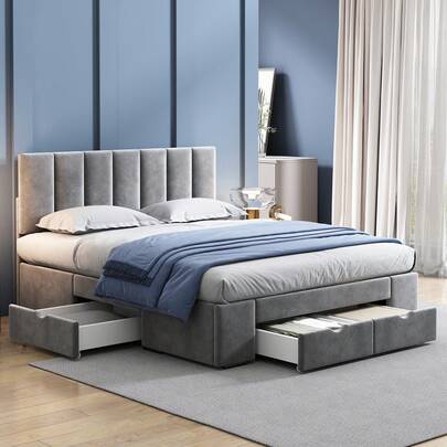 Upholstered Bed 140 X 200 Cm In Velvet, With Slatted Base, With Backrest, With 4 Drawers, Grey