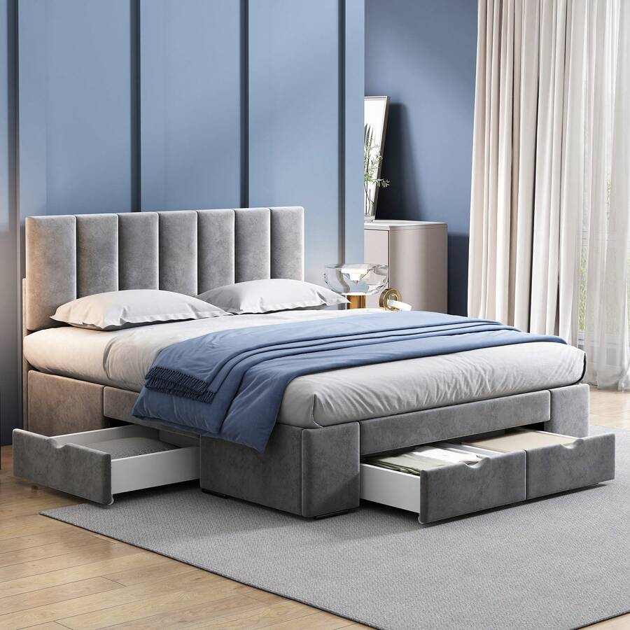 Upholstered Bed 140 X 200 Cm In Velvet, With Slatted Base, With Backrest, With 4 Drawers, Grey - Grey - View 1