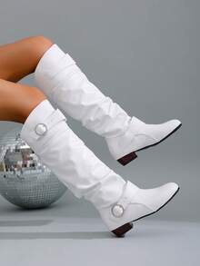 优雅时尚女士舒适套穿式过膝长靴，圆头，粗跟，褶皱设计，大码，2025秋冬新款，牛仔靴 - 白色 - 查看 2