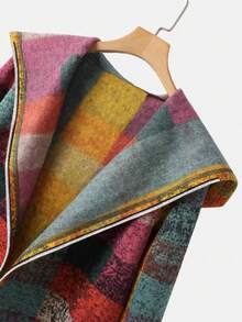 Chaqueta con capucha con cremallera, estampado a cuadros, manga larga, bolsillo, corte asimétrico, estilo de moda casual de calle para mujer en otoño/invierno - Multicolor - Ver 4