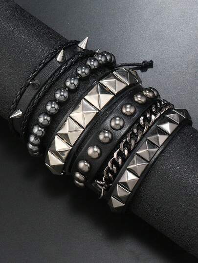 4 件/套朋克风格黑色编织皮革骷髅铆钉合金装饰手链，适合男士日常佩戴，是节日礼物的理想选择
