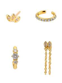 4 Pcs Deluxe 24K Gold Plated Cubic Zirconia Drop Dangle Earrings For Women Flower Chain Tassel Stud Earrings For Women Hoop Earrings Set