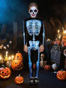 青少年女孩恐怖骷髅连体衣，长袖万圣节服装，角色扮演派对表演 - 彩色 - 查看 1