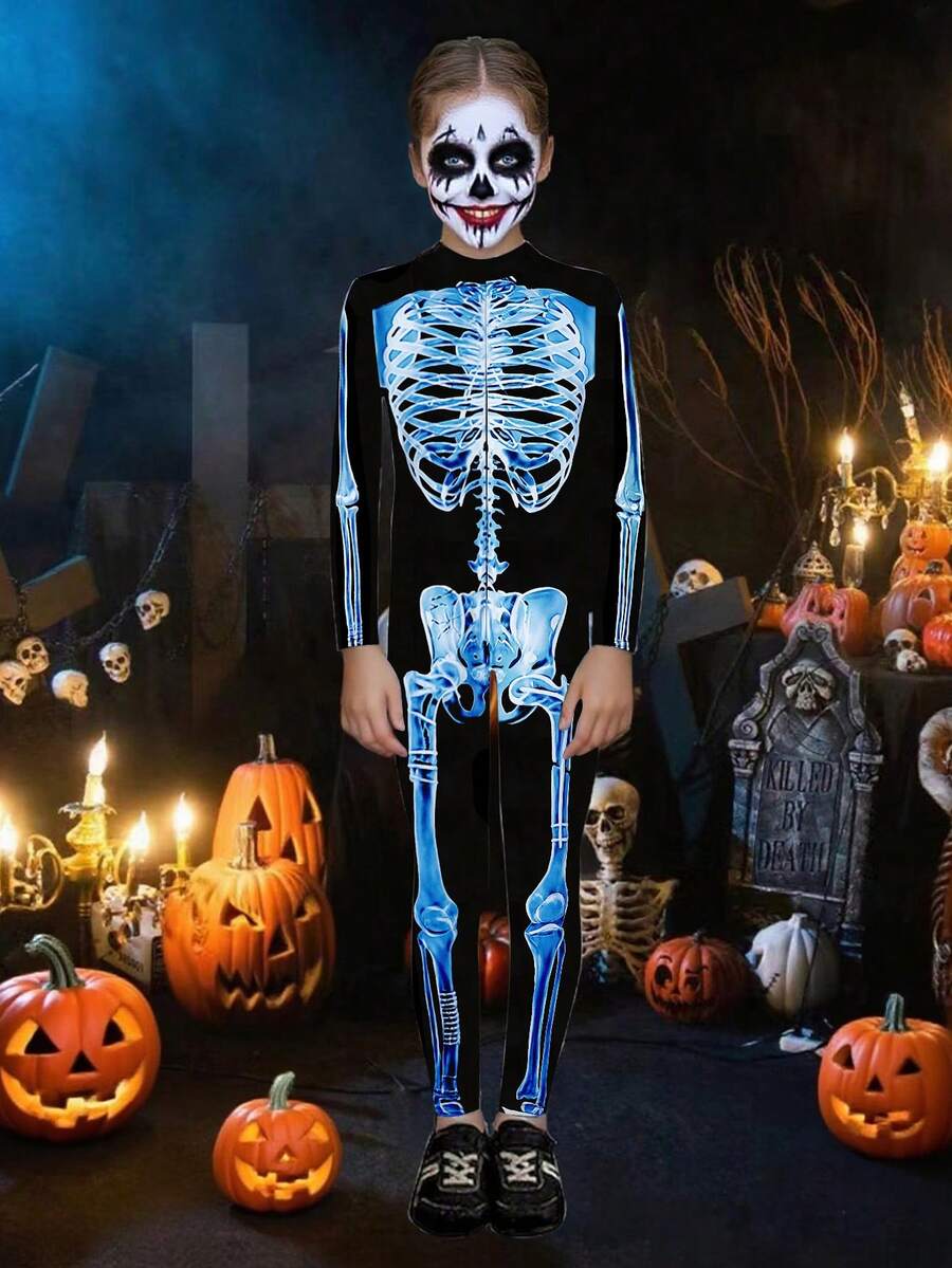 青少年女孩恐怖骷髅连体衣，长袖万圣节服装，角色扮演派对表演 - 彩色 - 查看 1