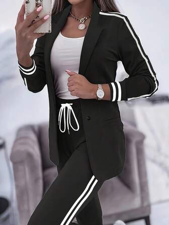 Women's Casual Sports Side Stripe Blazer Jacket And Pants Set