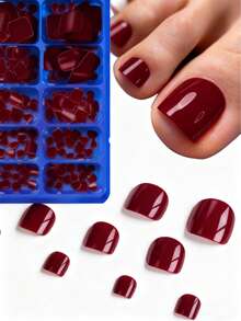 100 Stück glänzende falsche Zehennägel 12 Größen/Box Weinrot Aufklebe-Nägel Komplett-Abdeckung kurze quadratische Fake-Zehennägel Künstliche Acryl-Pediküre-Spitzen mit Tabs für Frauen und Mädchen