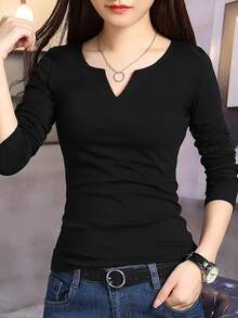 Plus Size Black Undershirt, Long Sleeve T-Shirt With V-Neck Design, Spring/Autumn 2024 New Arrival