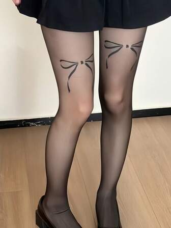 Women's Black Leggings With Bow Pattern - Suitable For Daily Casual, Dates, Work & Gatherings