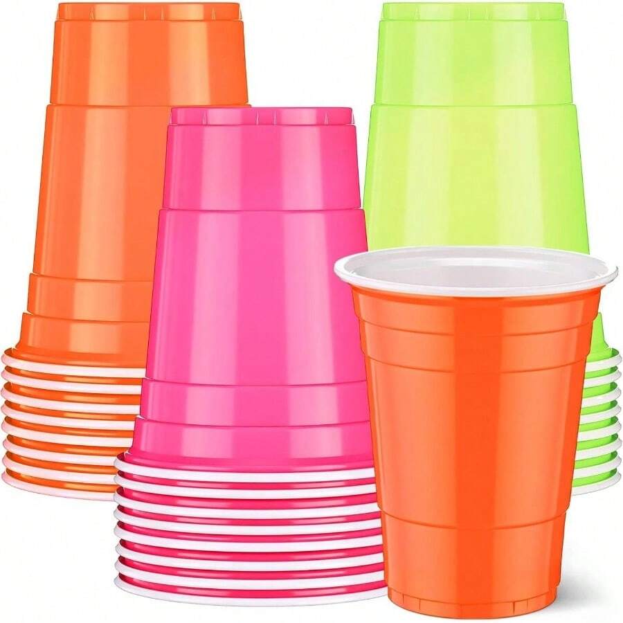 24 Pack 16 Oz Neon Plastic Cups Disposable Colorful Party Cups, Bachelorette, Wedding, Birthday Party Supplies Neon Drinkware Decorations Pink, Orange, Green - Pink, Orange, Green - View 1