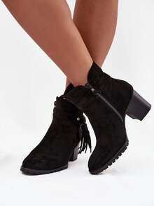 Women's Heeled Ankle Boots Made Of Synthetic-Suede With Fringe, Perfect For Autumn And Winter Beige Brown Black - Black - View 5