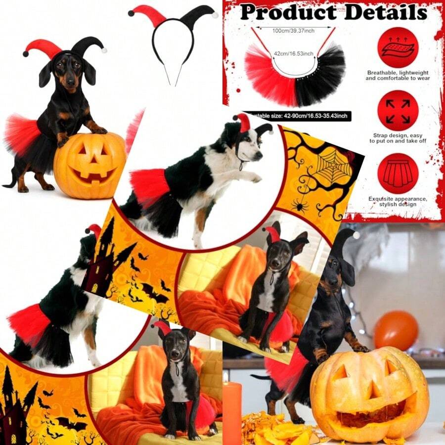 2 Pcs Halloween Dog Clown Costume Set For Small Large Dog Pet Costume Accessories Black Red Skirt Headband For Puppy Cats Halloween Cosplay Outfit Party Favors