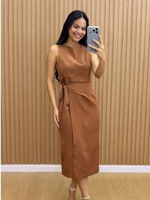 Women's Tailored Midi Dress - Elegant For Parties, Weddings Or Summer | White And Red Dress With A Perfect Fit - 摩卡棕 - 查看 6