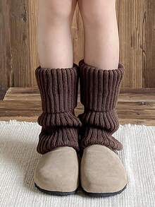 1 Pair Women Knitted Leg Warmers, White Calf Socks, Suitable For Autumn/Winter - Coffee Brown - View 4
