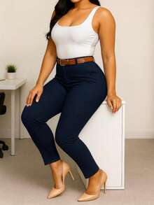 Pantalón de Vestir para Dama con Cinturón. Tela Strech. Ajuste Perfecto Push Up - Azul Marino - Ver 4