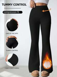 1pc Women's High Waist Solid Color Casual Warm Thermal Lined Flare Pants, Winter Fitness Thick Warm Leggings, Soft Yoga Pants, Slim Fit Flare Trousers