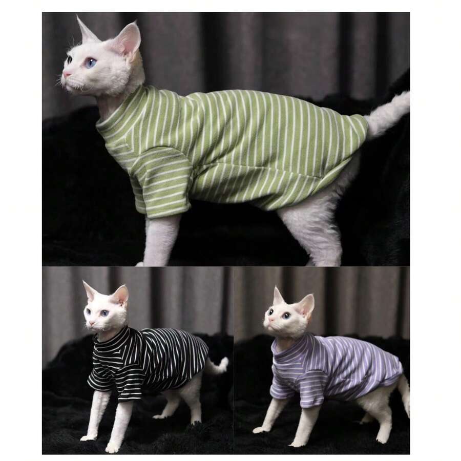 3-Color Striped Classic Homewear Outfit For Sphynx Cats, Suitable For Small-Medium Cats, Machine Washable - Black - View 1