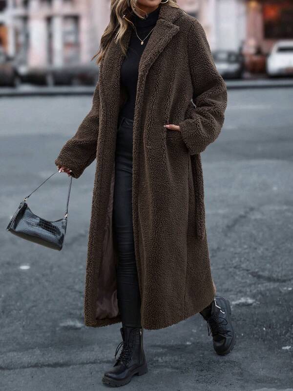 Chaqueta larga de mujer con solapa, bolsillo, cinturón y forro polar grueso de unicolor, de estilo casual y fashionable para otoño/invierno