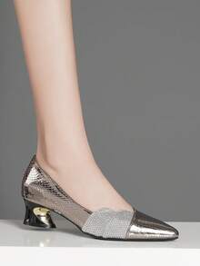 Comfortable & Fashionable High Heel Shoes With Rhinestones, Black, White, Silver, Brown, Work Shoes, Pointed Toe, Chunky Heel, Slip-On, Versatile Women Shoes, Spring/Autumn - Silver Gray - View 5