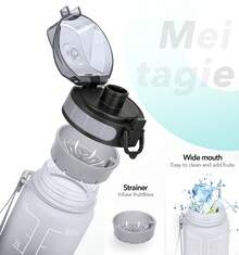 Motivational Water Bottle With Time Marker And Fruit Strainer, Leak-Proof, With Carrying Strap, Perfect For Fitness, Gym And Sports - 灰黑 - 查看 2