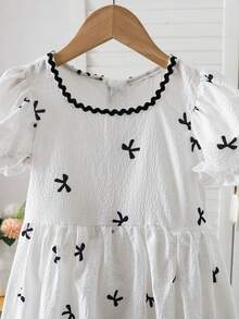 Tween Girl Bow Graphic Print Round Neck Short Sleeve Dress - White - View 3