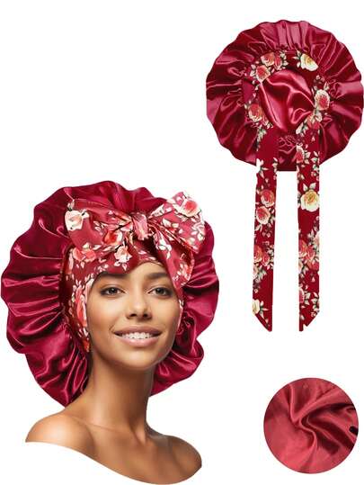 1 pieza Gorro de mujer con estampado de seda satinada suave, gorro de dormir casual y cómodo tipo turbante (estampados de patrones aleatorios)
