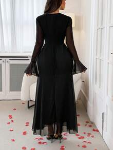 PoPoHouse Women's Autumn Solid Color Charm Elegant Lace-Up Slim Flared Sleeve A Line Flouncy Long Sleeve Dress