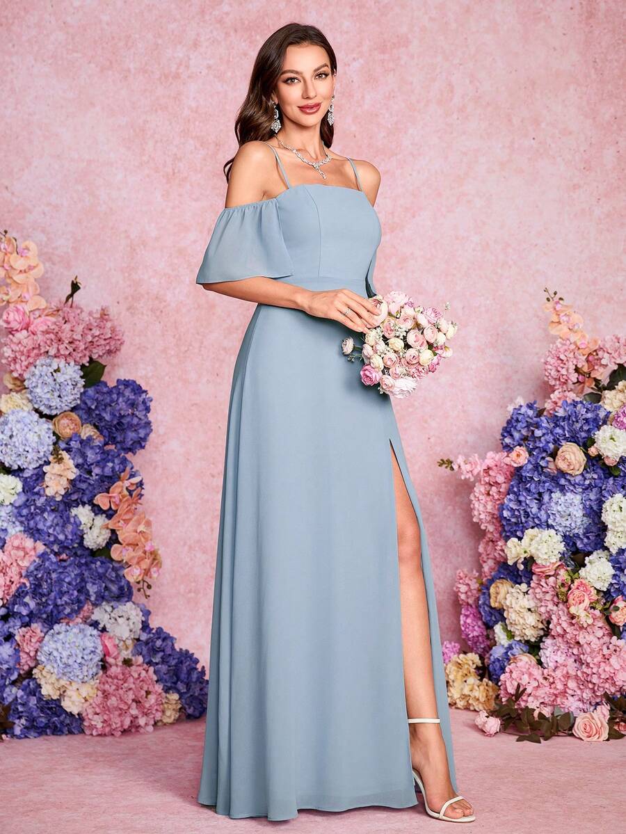 Elisanya Dusty Blue Elegant Spaghetti Strap Chiffon Maxi Bridesmaid Dress With Flounce Sleeves And Thigh Slit Perfect For Weddings, Formal Bridesmaid Dress - Dusty Blue - View 1