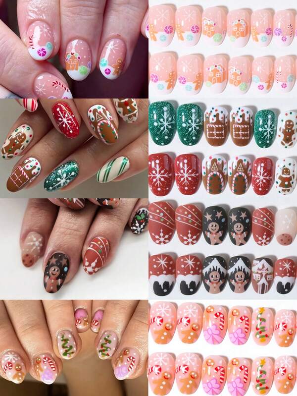 96pcs (4mixed ) Short Oval Cute Candy Cane Gingerbread Man French Tips Press On Nails ,Contain 1pc Jelly Glue And 1pc Nail File,Christmas Nails,With Storage Box As For Suitable For Women And Girls Daily Life And Party Use