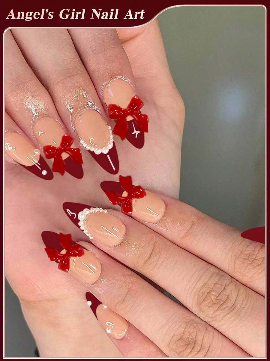 Discover The Magic Of Nail Couture ,24pcs Almond Red French Tip Press On Nails ,Pearls And Bows Trim Design, Easy To Wear Acrylic False Nail Set,Red Nails,Contain 1pc Jelly Glue And 1pc Nail File, Suitable For Women And Girls Daily Life And All Kinds Of Party Use
