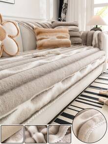 1pc Rabbit Fur Sofa Cushion Cover, Tie-Dye Striped, Thick & Warm For Winter, Anti-Slip & Anti-Scratch Sofa Protector, Ins Style