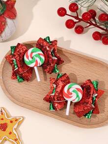2PCS Merry Christmas Glitter Bow Hair Clip Cute Lollipop Decoration Shiny Party Children Kids Hair Accessories
