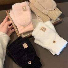 Women's Thick Half Finger Flip-Top Gloves, Cute Winter Cycling Warm Knitted Gloves For Writing And Typing
