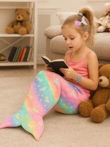 美人鱼尾巴毛毯，毛绒夜光毛毯，适合幼儿穿着，彩色独角兽图案，50厘米 x 100厘米，送给女孩的最佳礼物，适合圣诞节礼物 - 彩色 - 查看 2