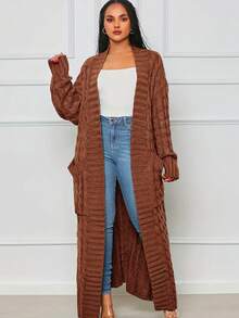 Plus Size Women V-Neck Long Sleeve Solid Color Cable Knit Cardigan, Autumn/Winter - Coffee Brown - View 1