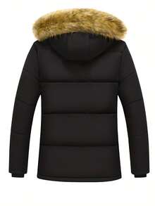 Men's Winter Cotton Jacket With Fleece Lining, Thickened Design & Large Fur Collar - Warm, Windproof, Hooded, Outdoor Casual, Versatile, Minimalist With Big Pockets - 黑色 - 查看 2