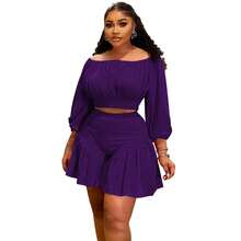 Plus Size Women's Ruffled One-Shoulder Puff Sleeve Top & Shorts 2-Piece Set - Sweetheart Neckline Waist-Defining Casual Outfit Date, Vacation & Party,Plus Size Fall Clothes Women,Plus Size Women Clothes,Seven Colors Are Available Selection.Please Check Size Chart Before Purchasing. - 紫色 - 查看 6